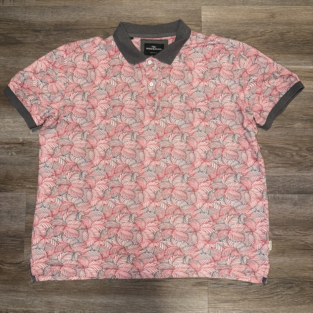 Rodd & Gunn Mens XL Slim Fit Polo Shirt Pink Print Short Sleeve Golf Casual